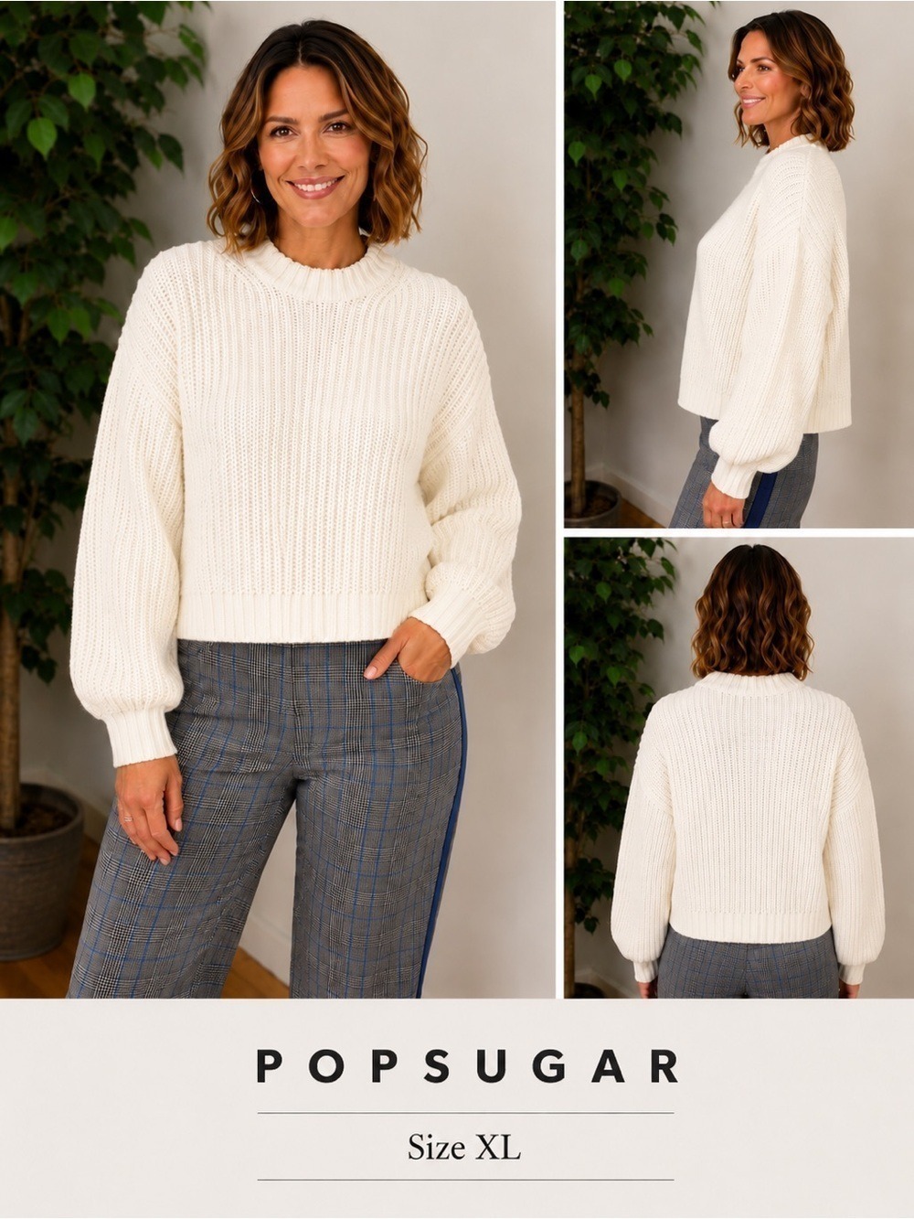 POPSUGAR Chunky Knit Cropped Sweater Size XL Cream Balloon Sleeve Cozy Pullover